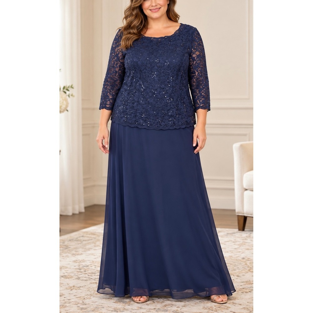 Alex Evenings Womens 14W Navy Blue Lace Sequin Chiffon Mock Two-Piece Gown